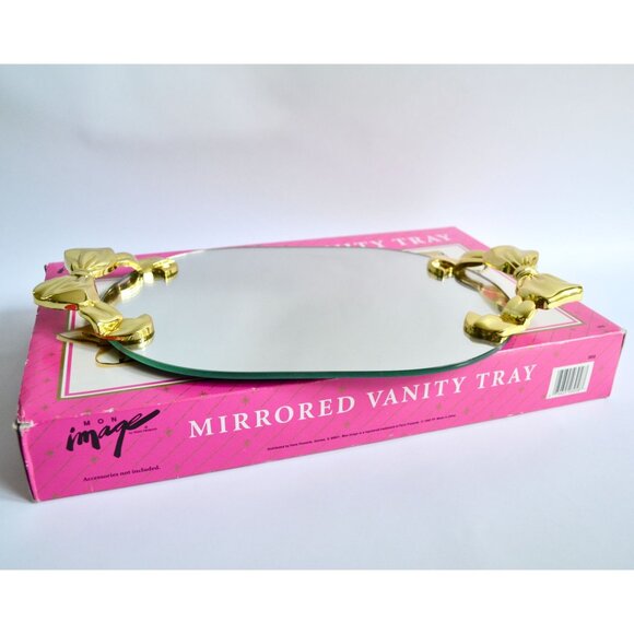Mon Image Vintage Vanity Tray Mirrored Gold Bow Handles With Original Box - Picture 1 of 6